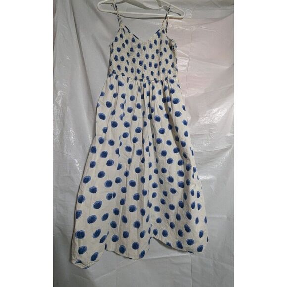 H&M Polka Dot Vneck Smocked Spaghetti Straps Blue White Knee Length XS Pull On - Picture 2 of 7